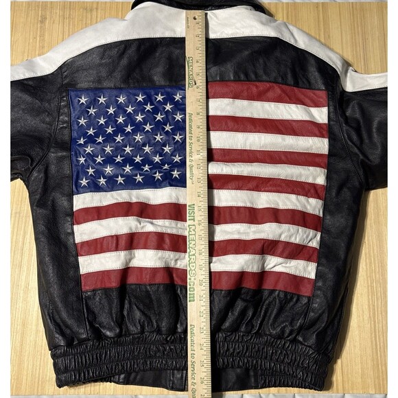 USA Flag Leather Bomber Jacket Men’s Medium USA Down The Sleeves Vintage Biker - Picture 12 of 16